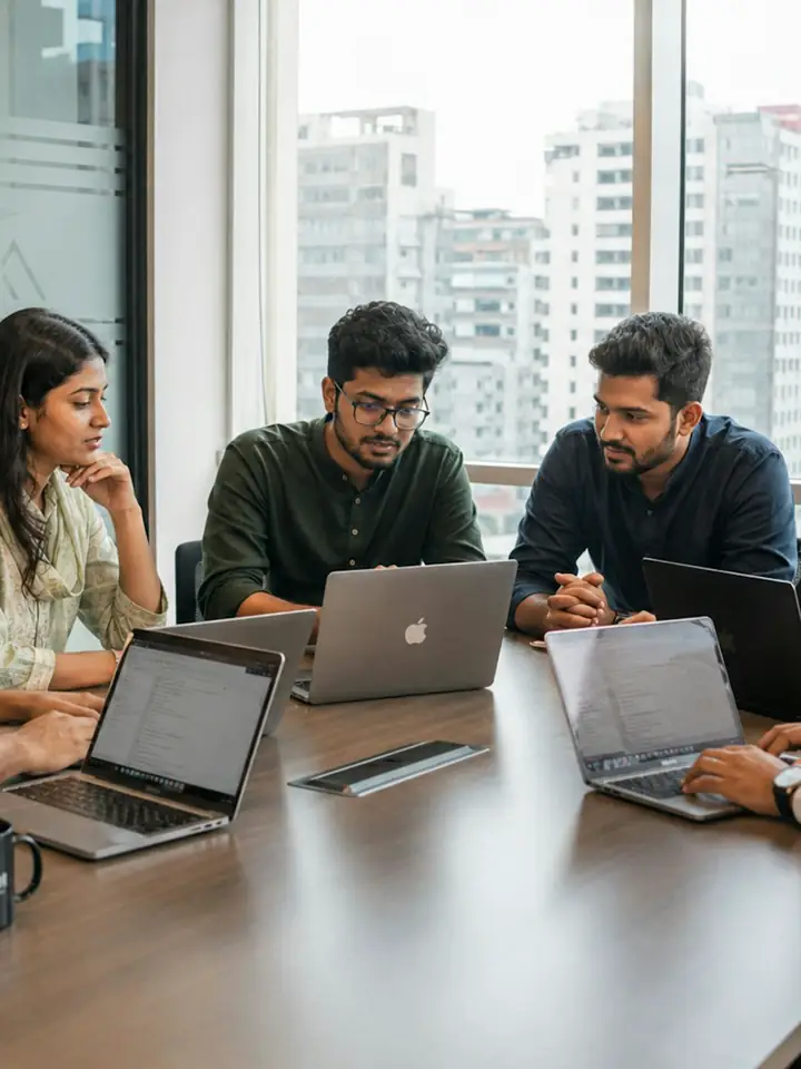 An office team reviewing work together on laptops